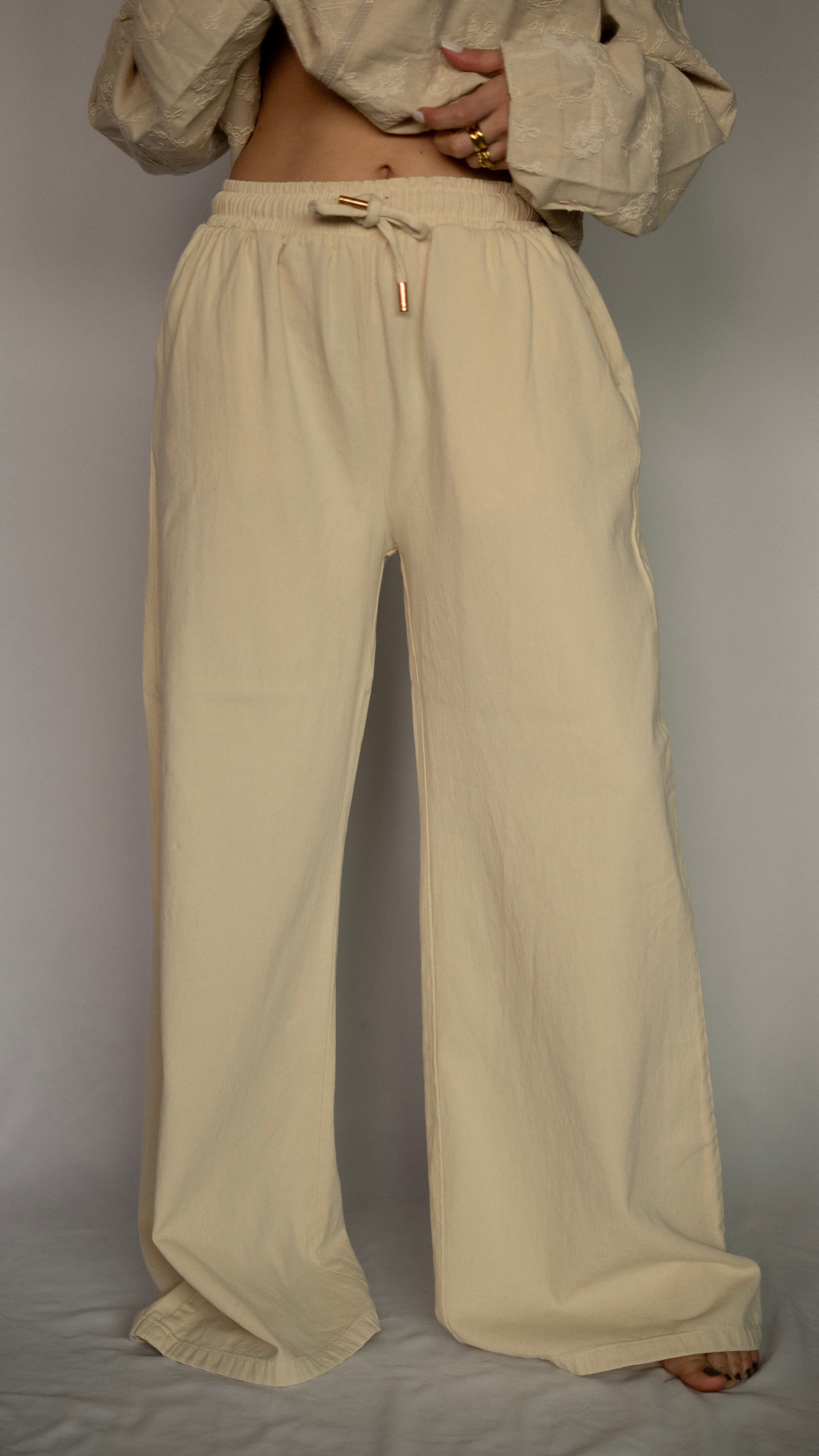 Beige Palazzo Pants With Wide Leg And Drawstring