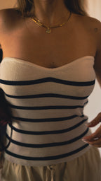 White & Navy Striped Strapless Textured Blouse