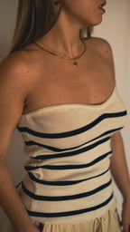 White & Navy Striped Strapless Textured Blouse