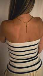 White & Navy Striped Strapless Textured Blouse