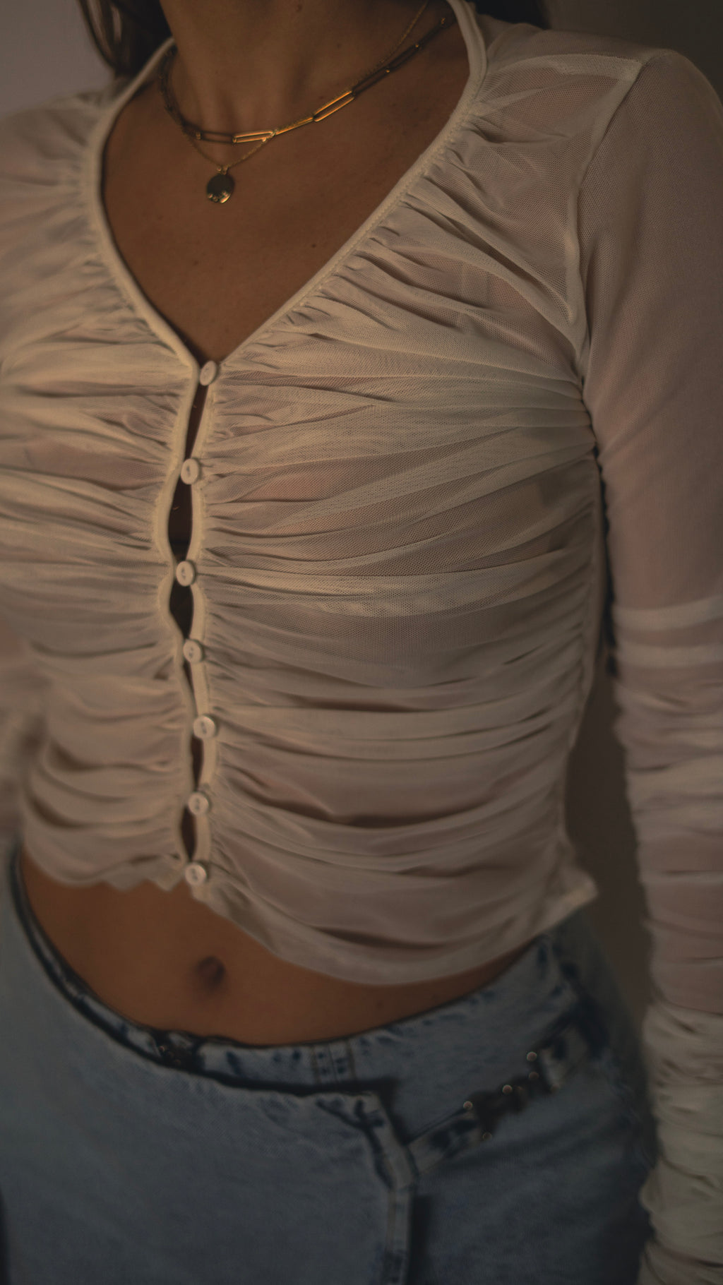 Tulle Button Blouse White