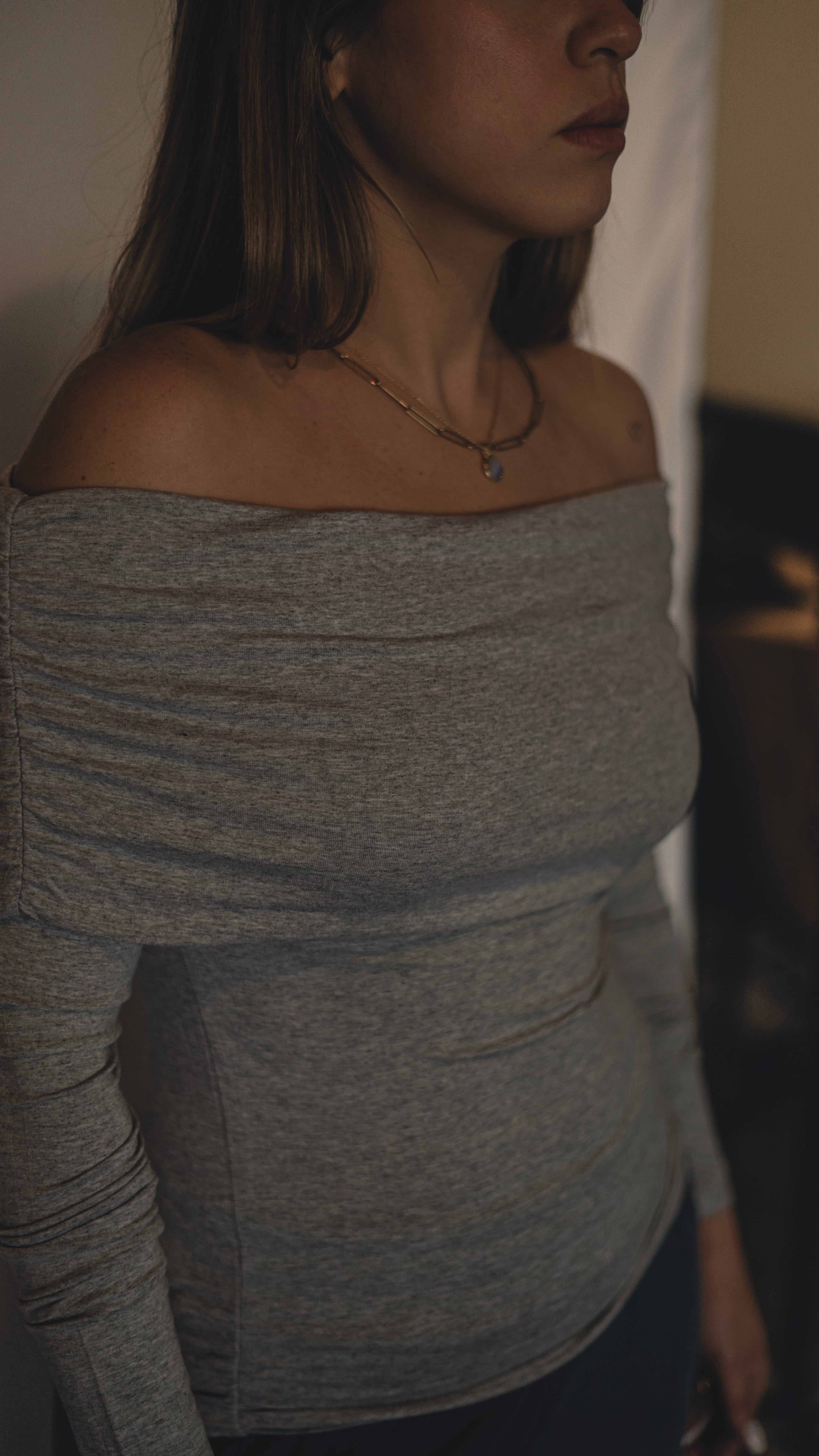 Grey Madonna Collar Lycra Viscose Long Sleeve Blouse