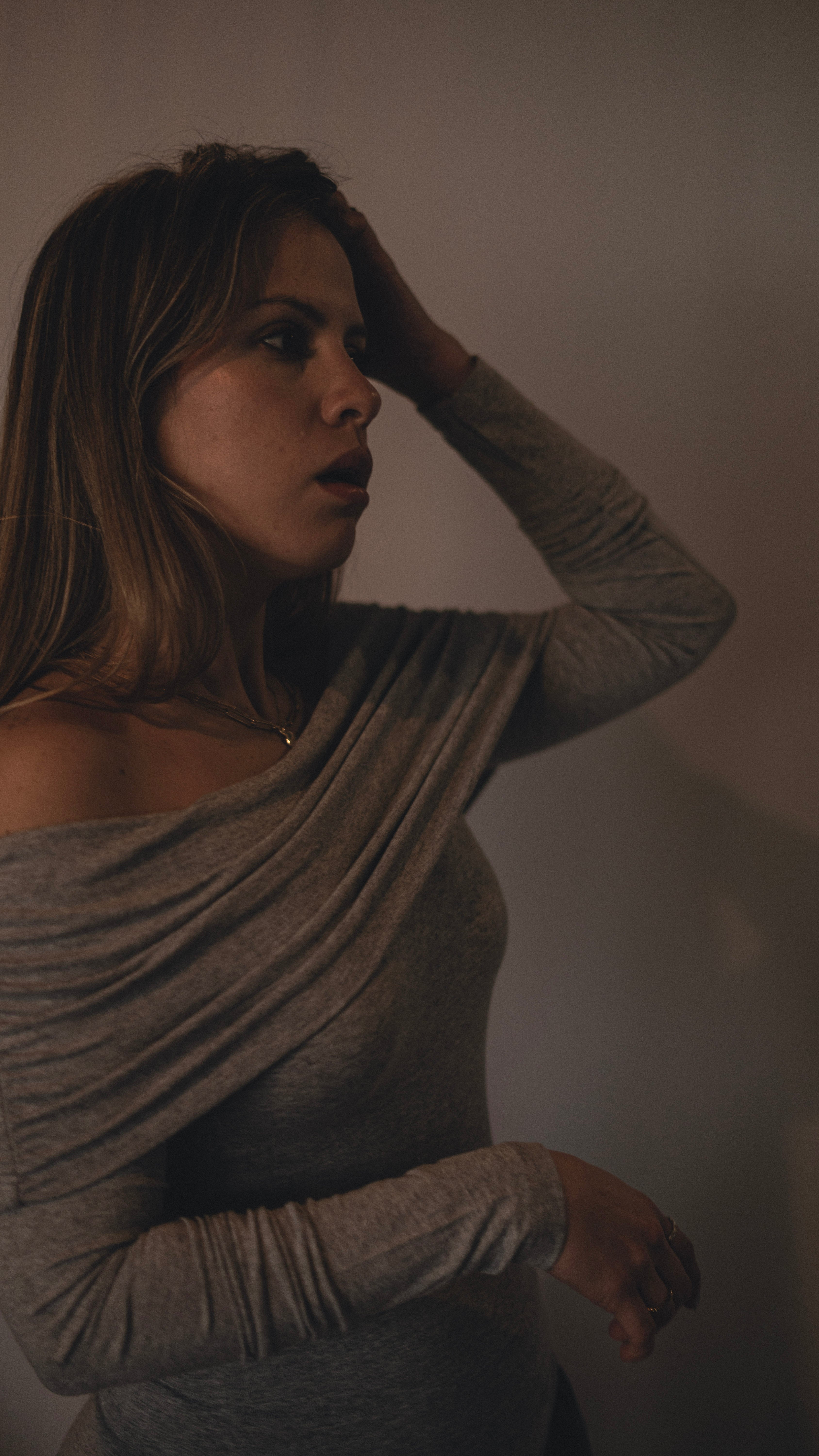 Grey Madonna Collar Lycra Viscose Long Sleeve Blouse