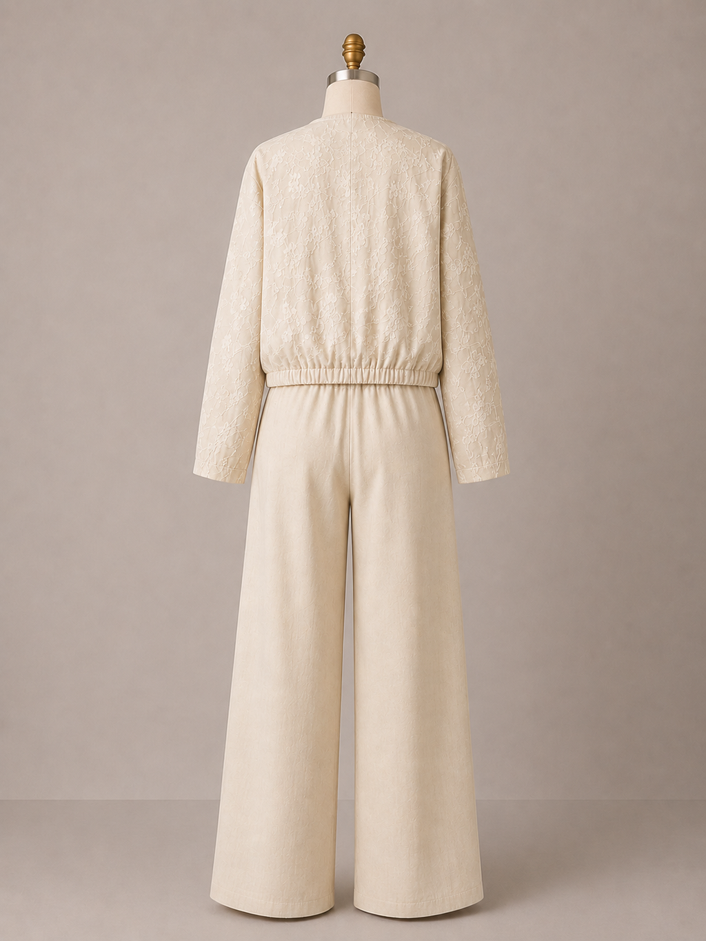 Set Beige Chaqueta Bordada y Pantalón Wide Leg