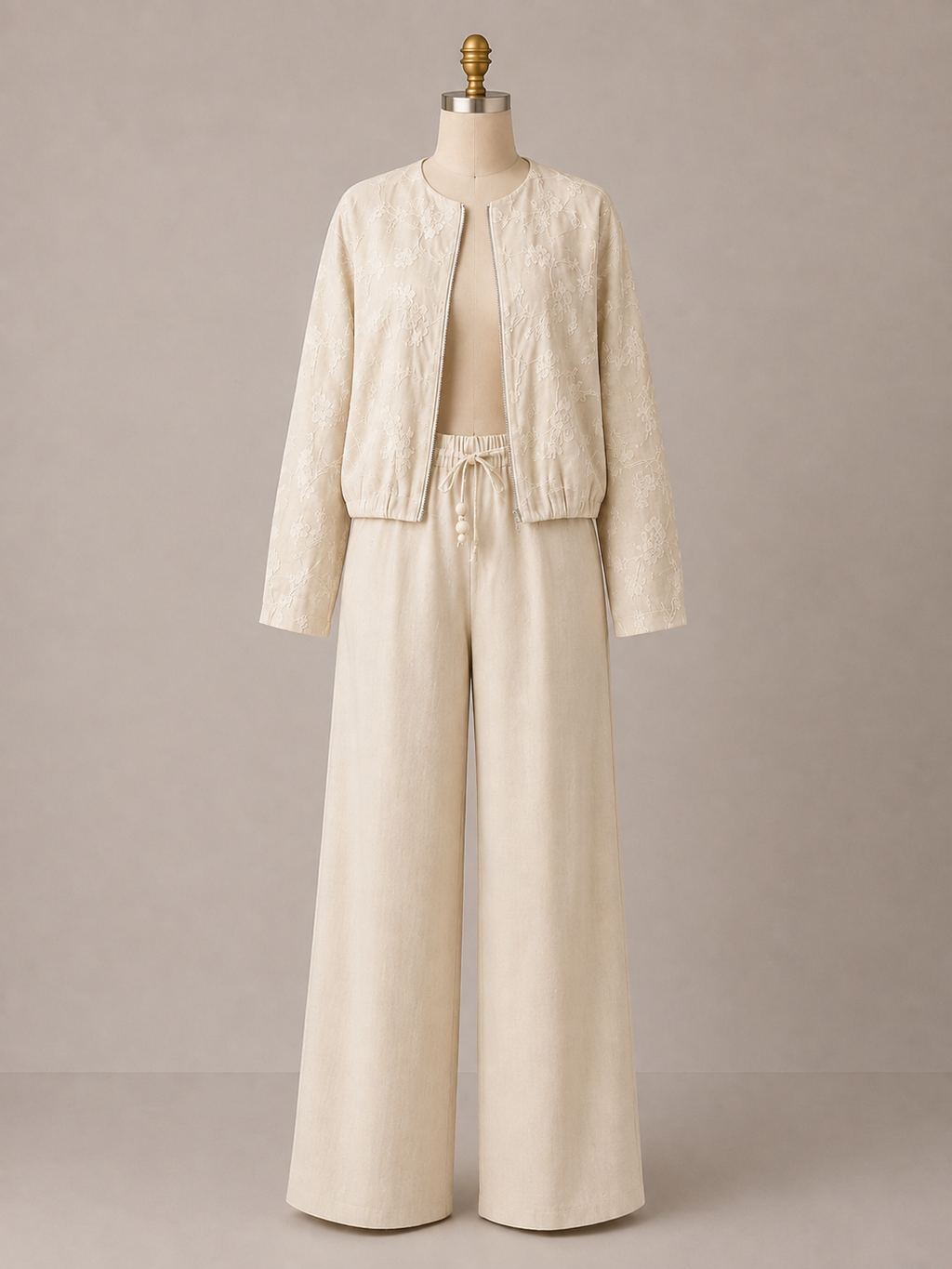 Set Beige Chaqueta Bordada y Pantalón Wide Leg